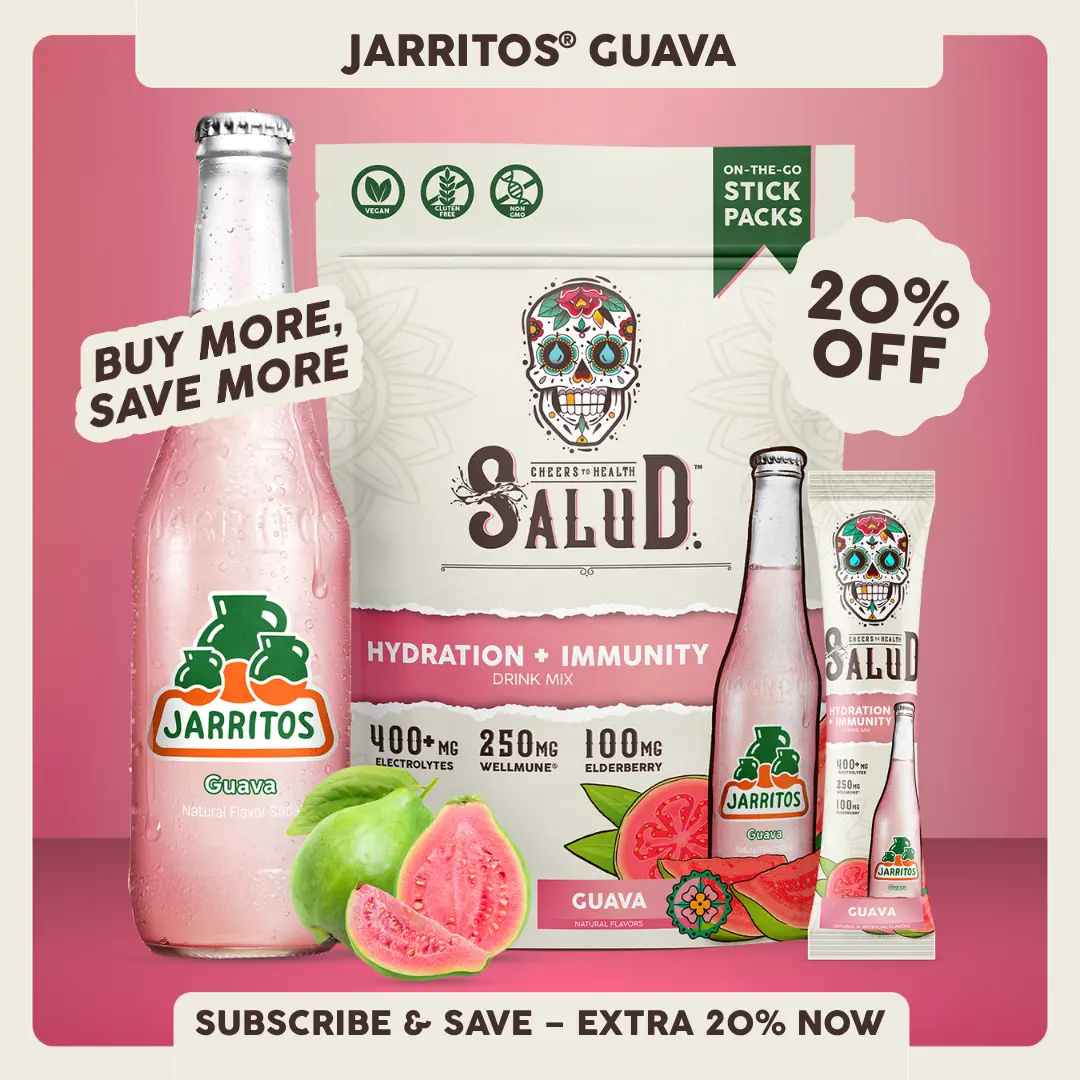 Salud x Jarritos 2-in-1 Guava Electrolytes Powder Beverage, Coconut-Infused Sport Drink Mix for Hydration & Immunity with Elderberry & Potassium, 1g Sugar, 15 Servings, Allergen-Free (Dairy, Soy, Gluten), Non-GMO, Vegan, Energy Boost