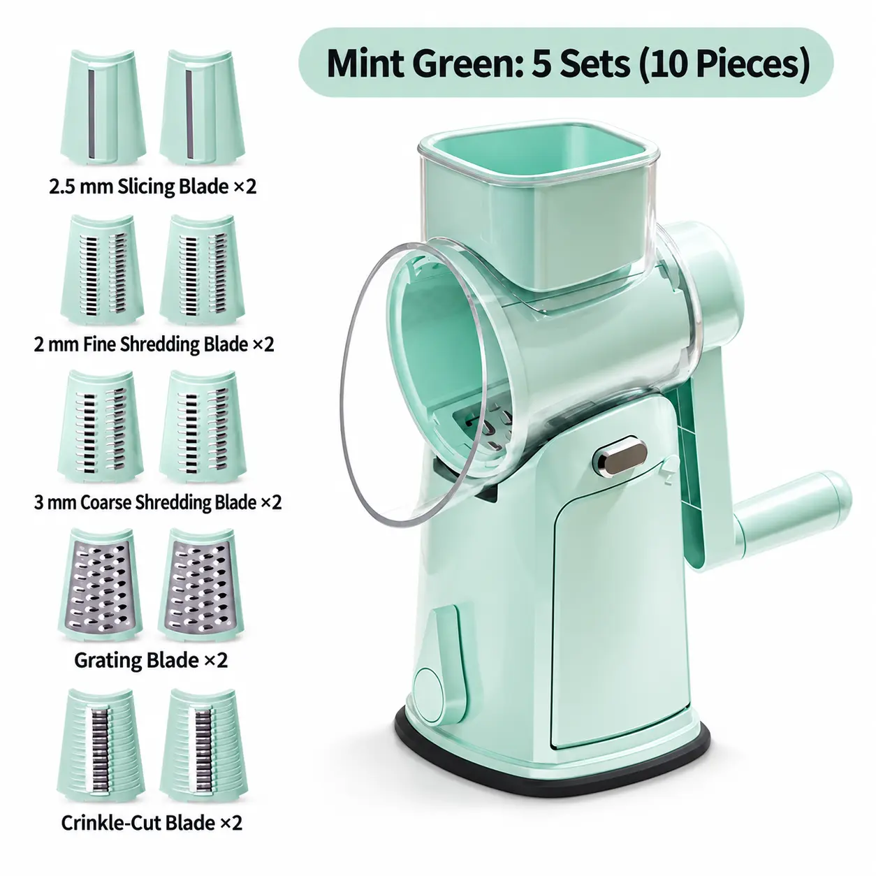 7CODE 10-in-1 Stainless Steel Rotary Cheese Grater & Vegetable Slicer Kitchen Utensil - Hand Crank, Wide Feed Chute, Smooth Transparent Blade, Suction Base, Safety Handle for Snacks, Meal Prep