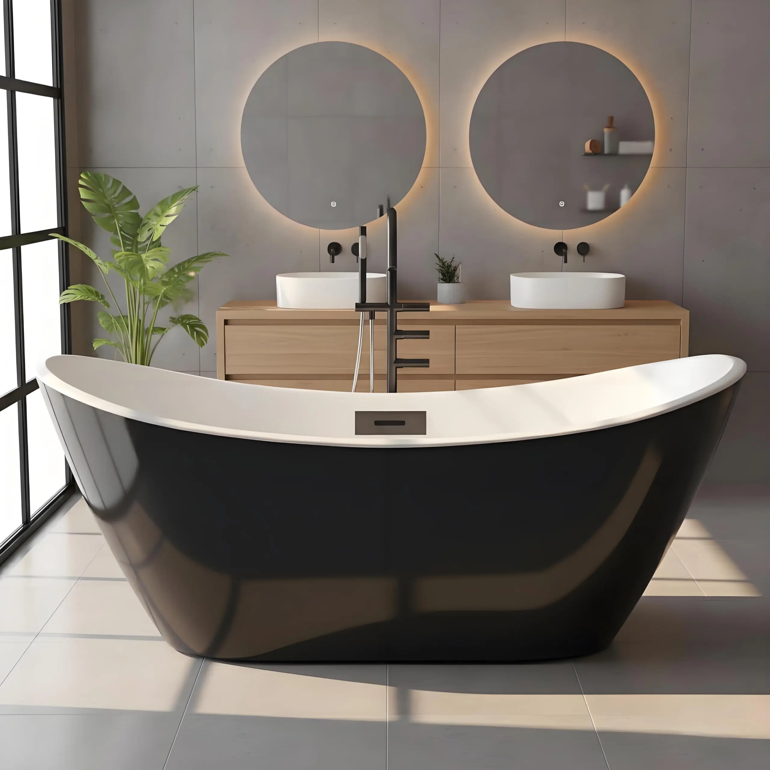 Garvee Freestanding Bathtub 59 Inch – Compact Free Standing Bath Tub with Integrated Overflow & Pre-Installed Pipe, Exterior Black Interior White, Apartment Bathroom Soaking Tub for Small Spaces