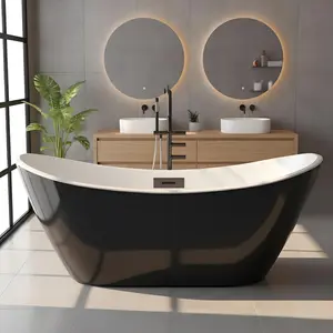Garvee Freestanding Bathtub 59 Inch – Compact Free Standing Bath Tub with Integrated Overflow & Pre-Installed Pipe, Exterior Black Interior White, Apartment Bathroom Soaking Tub for Small Spaces