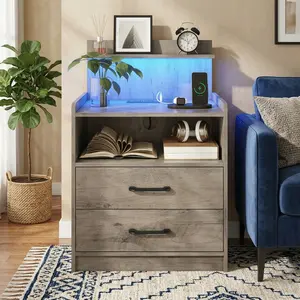 Modern LED Nightstand, Bedside Table with USB Charging Station & Outlets, 2 Drawers Open Storage Design, Adjustable LED Light End Table, Functional Bedroom Side Night Stand