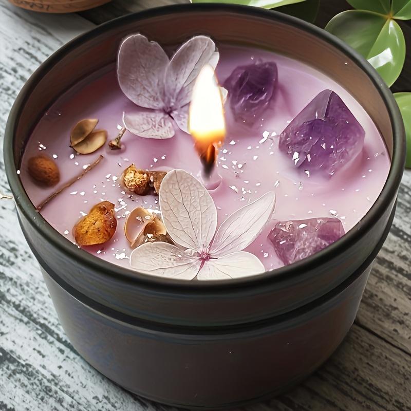 4-piece set of purple amethyst lavender soy wax scented candles with crystal petals embedded, aesthetic fragrance in iron tin candles, home decor for relaxation and gifting, creative/candle making - mold materials 4-piece set of purple amethyst lavender soy wax scented candles with crystal petals embedded, aesthetic fragrance in iron tin candles, home decor for relaxation and gifting, creative/candle making - mold materials