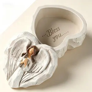 Heart Shaped Keepsake Box with Guardian Angel Figurine, Mothers Day Gifts for Mom Grandma, Religious Spiritual Gift for Women Friends, Sculpted Decor for Jewelry Storage
