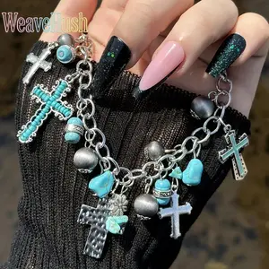 Vintage Ethnic Cross Pendant Bangle, Western Cowboy Turquoise Beaded Bracelet, Boho Chic OT Buckle Handmade Drop Bracelet, Bohemian Beach Vacation Jewelry, Trendy Western Accessories for Women, Party Birthday Daily Fashion Gift