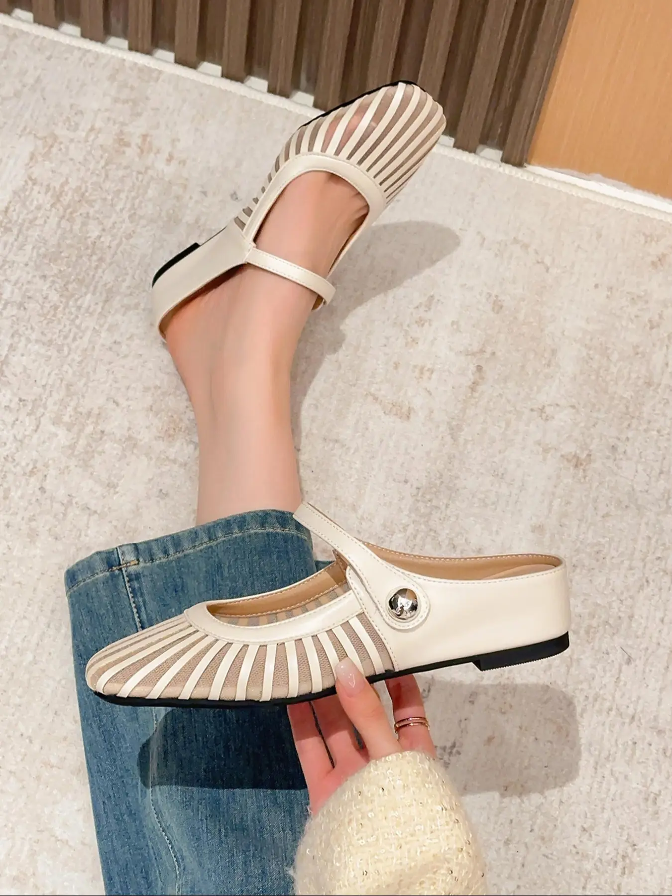 Women's Elegant Square Toe Mesh Slip-On Flats, Breathable Mesh Mules, Footwear, Comfortable Rubber Sole, Medium Width, Spring & Fall Fashion Shoes