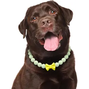 Glow in the Dark Dog Collar – Handmade Beaded Dog Necklace with Bow Tie, Adjustable for Small Medium Large Dogs – Soft Glow for Night Walks