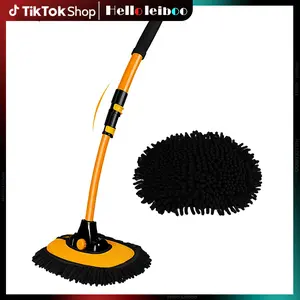 LEIBOO 15° Curved Car Cleaning Brush with Telescopic Handle, 43" Aluminum Alloy Long Rod Wash Mop For Washing Caravan Van Truck Boat RV Roof Soft Chenille Head Duster Clean Product Not Hurt Paint Scratch Free, Labor Day Gift!