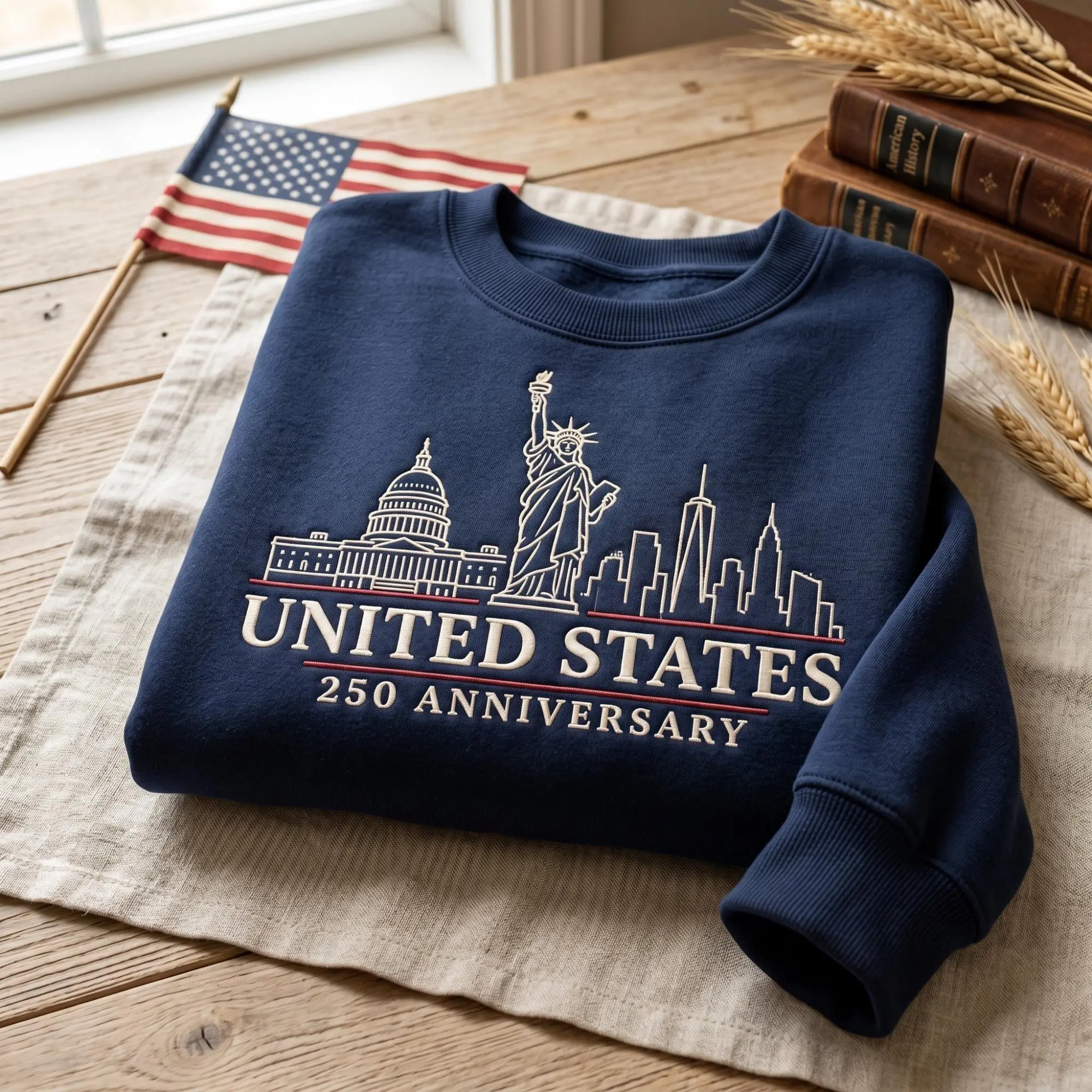 Custom Name United States 250 Anniversary Embroidered Sweatshirt Patriotic USA Skyline Liberty Gift