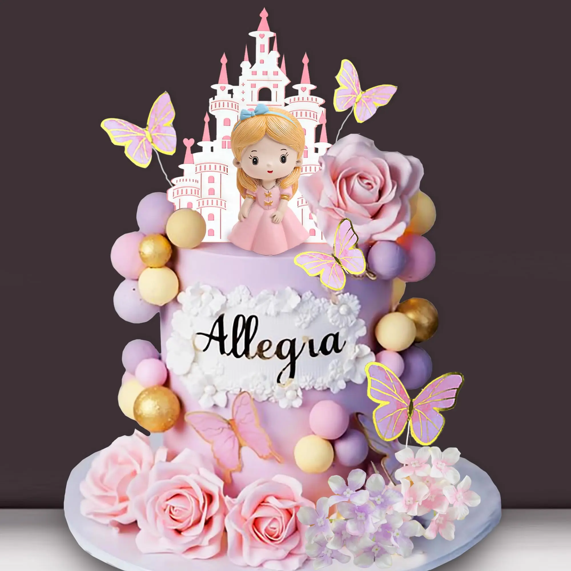 39 Princess Cake Topper Castle Decoration With Butterflies Artificial Flowers And Balls For Happy Birthday Party Decorations Shower Supplies (pink Purple)