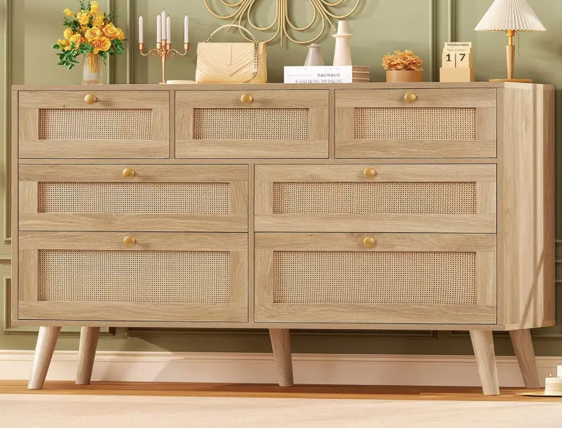 Dresser for Bedroom, 47.2''Wide 7 Drawer Rattan Dresser, Wood Dressers TV Stand, Boho Dressers & Chests of Drawers for Bedroom, Entryway, Natural