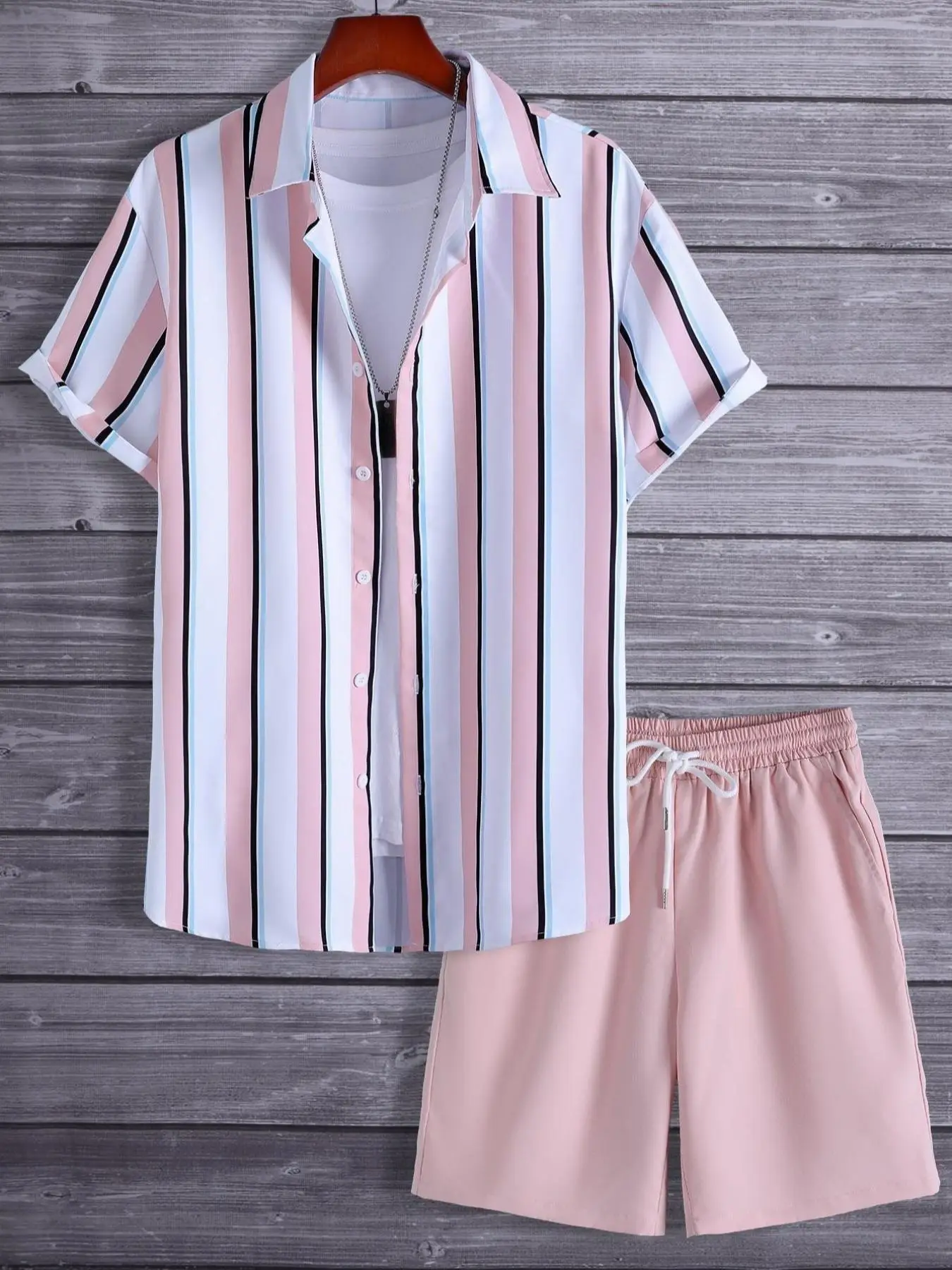 2 Counts Men's Striped Print Pocket Shorts Set, Streetwear, Button Front Shirt & Drawstring Shorts, Regular Fit Summer Clothes, Casual Summer Back To