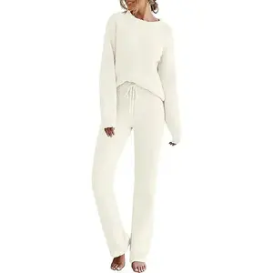 Womens Fuzzy Fleece Long Sleeve 2 Piece Loungewear Outfits Sweater Pants Pajama Sets