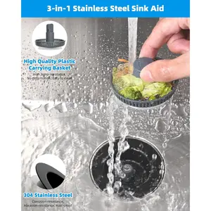 Hibbent Upgraded 3 in 1 Kitchen Sink Drain Strainer and Stopper Combo, Stainless Steel Metal Pop Up Sink Stopper, Anti-Clogging Basket Strainer with Handle for US Standard 3-1\/2 Inch Drain, Black