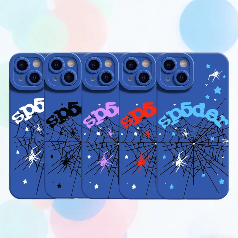 Gothic Y2K Blue Spider Web Soft TPU Phone Case Shockproof Anti Drop Protective Cover For 13 14 15 16 17 Pro Max Series
