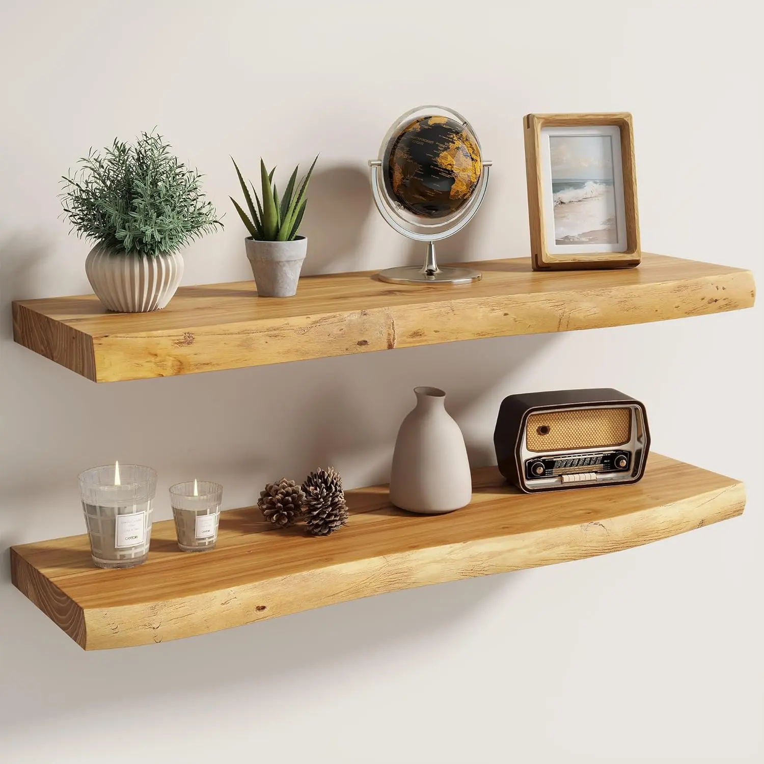 Floating Shelves for Wall Decor Set of 2-30 Inch Solid Elm Wood Live Edge - Rustic Natural Wall Shelves with Invisible Brackets - for Living Room, Bedroom,