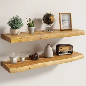 Floating Shelves for Wall Decor Set of 2-30 Inch Solid Elm Wood Live Edge - Rustic Natural Wall Shelves with Invisible Brackets - for Living Room, Bedroom,