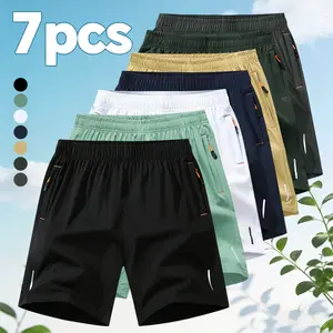 7-pack men’s  solid-color drawstring pocket shorts—fashionable, versatile outdoor  shorts; men’s clothing; -waist sports  for everyday wear; , and cool to the touch; comfortable for running and gym workou Quick-Dry Elastic Athletic Shorts Set summer