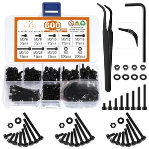 600 count M3 Screws Assortment Kit, M3x 6/8/10/12/16/20/25/30mm M3 Screw Kits 12.9 Alloy Steel Nuts and  Assortment Kit Black Zinc Plated Hex Socket  Screws Nuts  and Washers Set