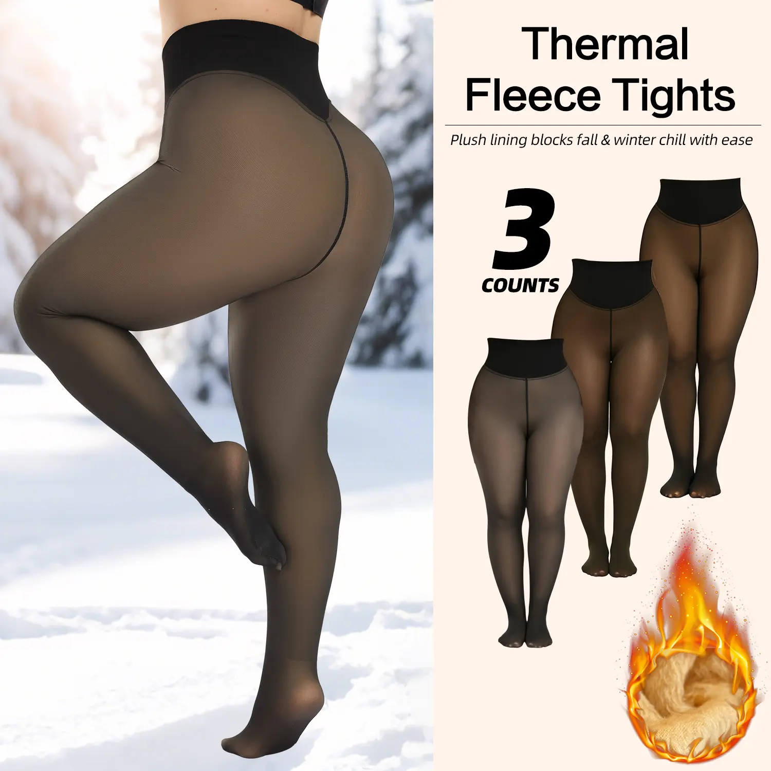 CHRLEISURE Women’s 1/3 Pack Fleece-Lined Tights, Thermal Opaque Black Pantyhose, Sheer-Look Leggings with Warm Lining, Slimming Winter Must-Have