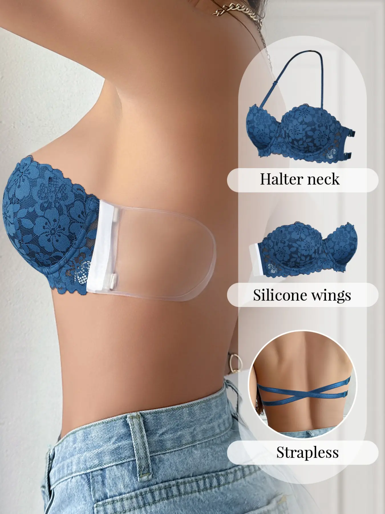 Women's Strapless Push Up Multiway Bra, Lace Bras, Underwire Supportive, Elegant Lace Backless, 3-in-1 multi-wear (halter neck, silicone side wings, strapless)