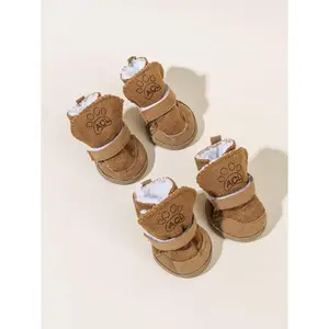 4pcs Plus Fleece Thick Pet Snow Boots Brown Polyester Universal Fit for Small Medium Cats Dogs Indoor Outdoor Wear Kitten Shoes Winter Outfits Paws Animal Costumes Clothes