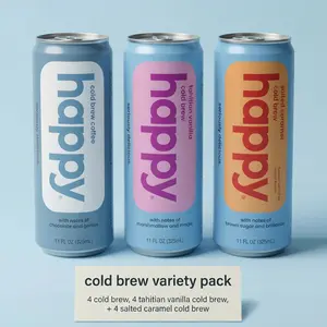Happy Coffee Cold Brew Variety Pack - 12 count x 11 oz each - Original Cold Brew, Tahitian Vanilla Cold Brew, & Salted Caramel Cold Brew