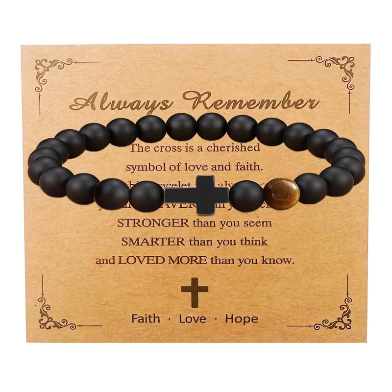 Adjustable Elastic Rope Stone Cross Bracelets & Bangles - Costume Jewelry for Teen Boys, Christmas & Birthday Gift Ideas, Easter & Year-Round Present with Greeting Card