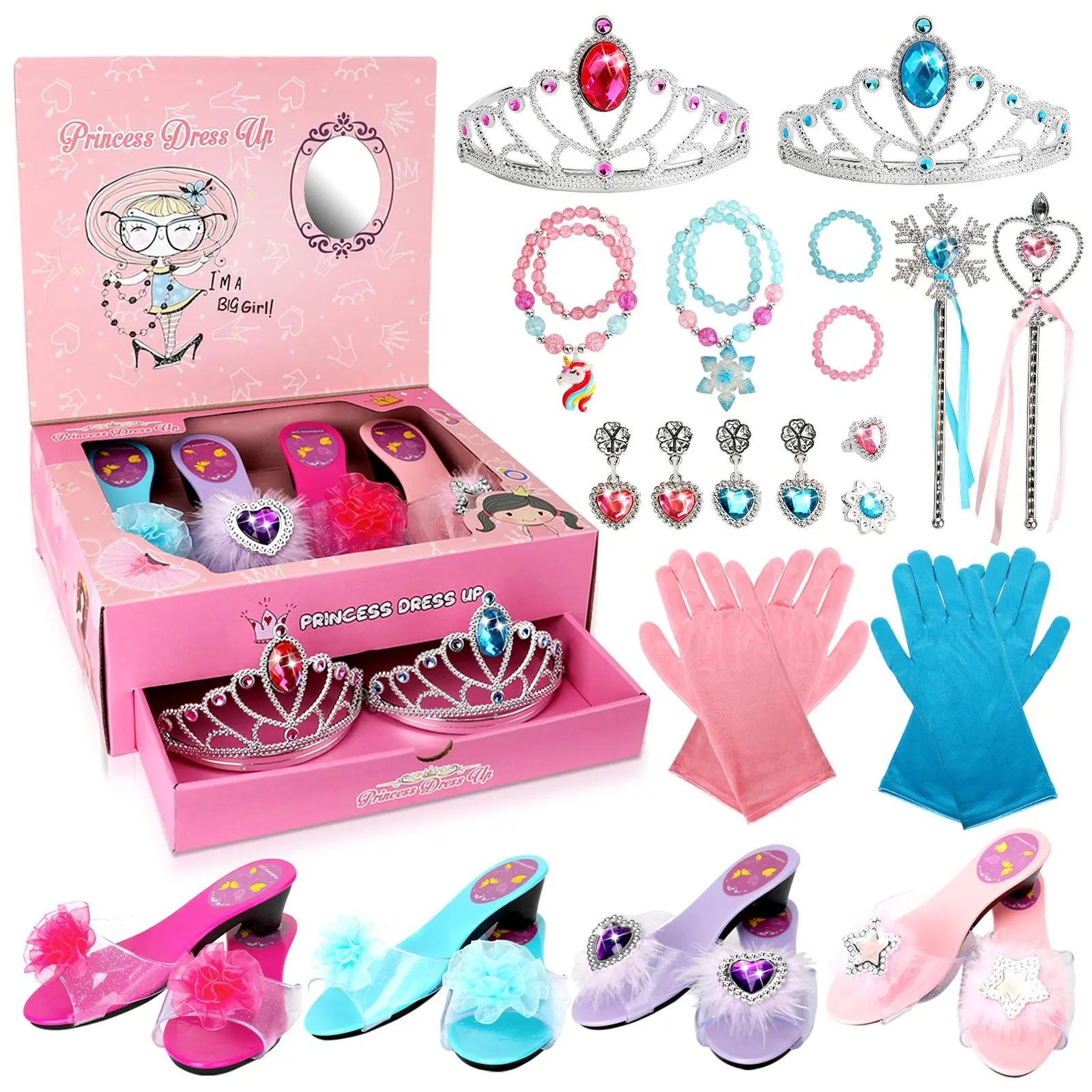 Princess Doll Shoes & Crowns & Jewelries & Gloves & Wands Set, 26pcs/set Princess Dress Up Toy, Pretend Play Toy for Girls, Pretend Play Accessories, Pretend Playset