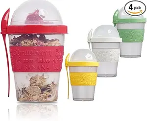 4 Pack 20 oz Breakfast On the Go Cups, Take and Go Yogurt Cup with Topping Cereal Cup with spoon, Overnight Oats or Oatmeal Container Jar, Colorful Set of 4 Bottles Drinkware Plastic Portable Fruit Water Bottles Fruit Water Bottles Cover Kids