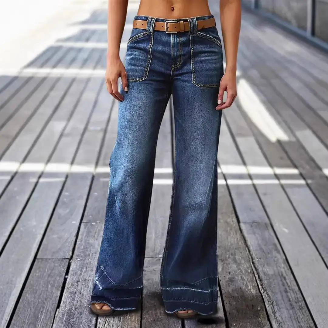 American Western Style Vintage High-Waisted Flared Jeans with Large Pockets and Raw Hem