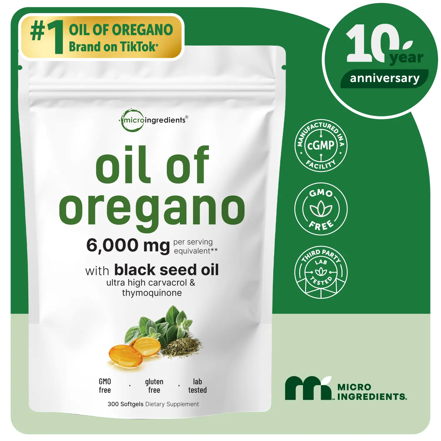 Micro Ingredients Oregano Oil with Black Seed Oil, 150/300 Softgel, 4X Strength Carvacrol & Thymoquinone | Plant Based, Non-GMO