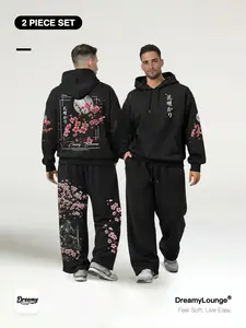 Japanese Cherry Blossom Print 「2-Piece Set」, Loose Hooded Sweatshirt + Sporty Wide-Leg Pants, Casual Home Wear for Daily Use