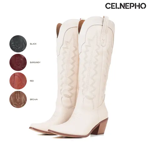CELNEPHO Cowboy Boots for Women Pointed Toe Chunky Block Heel Western Embroidery Design Retro Classic Knee High Boot Side Zipper Closure Comfy Easy Pull on Fall Fashion Party Country Wedding Gift Casual Festival Everyday Wear Trendy Cowgirl Dressy Shoes