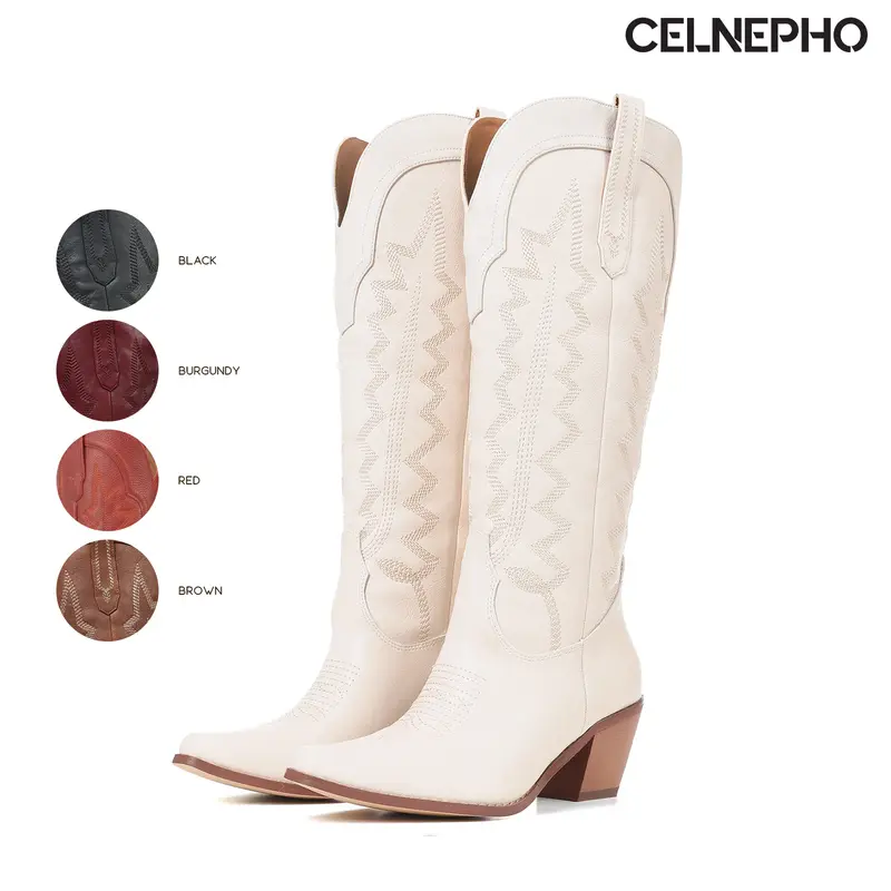 CELNEPHO Cowboy Boots for Women Pointed Toe Chunky Block Heel Western Embroidery Design Retro Classic Knee High Boot Side Zipper Closure Comfy Easy Pull on Fall Fashion Party Country Wedding Gift Casual Festival Everyday Wear Trendy Cowgirl Dressy Shoes