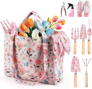 Gardening Tools, 10- Gardening  Set for Women, Rust-Proof & Heavy-Duty Tools with Floral Organizer Bag, Fashionable & Thoughtful  for Garden Women (Pink)