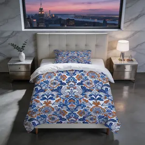 2/3 Piece Bohemian Blue Orange Floral Duvet Cover Set, HD Digital Printed Comforter Cover, Soft Breathable Bedding Set with Zipper & Corner Ties, No Inserts for Bedroom Decor