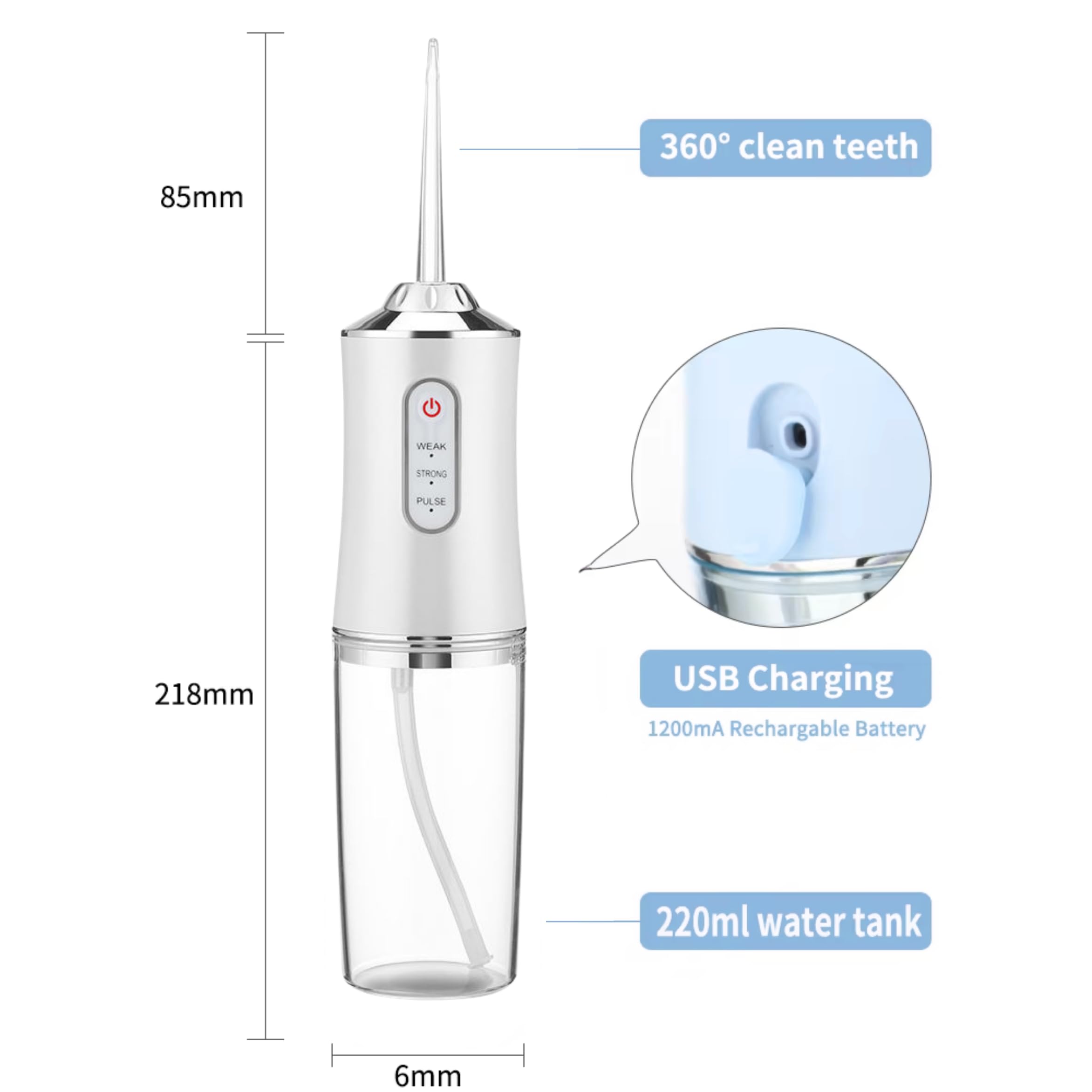 Cordless Water Flosser for Teeth – Rechargeable Dental Oral Irrigator with 3 Modes, Waterproof Design, USB Fast Charging, Travel-Friendly Mini Water Flosser for Braces (White)