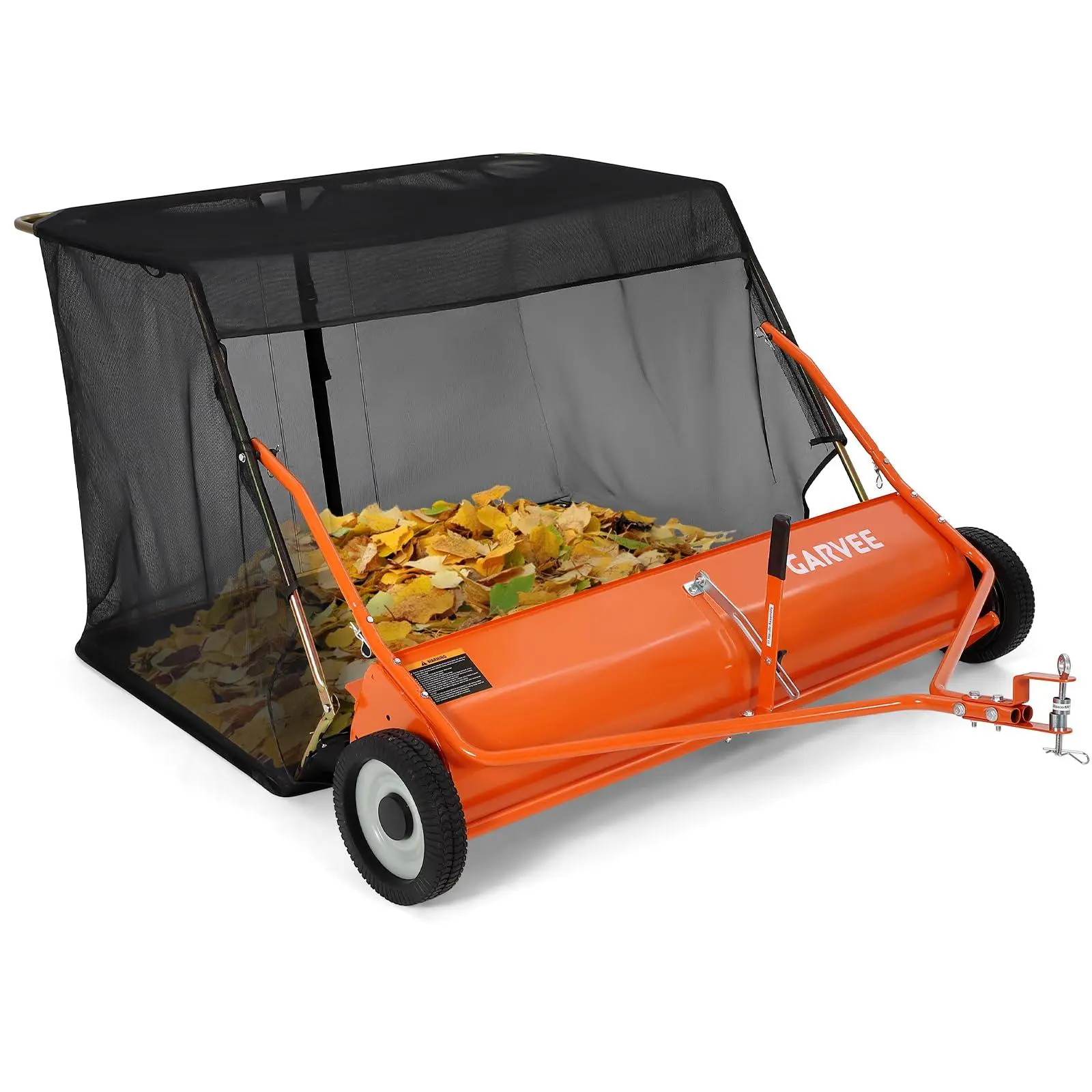 GARVEE 44 Inch Tow‑Behind Lawn Sweeper, Orange Pull‑Behind Leaf & Grass Collector with 20 Cu‑Ft Large Hopper Bag, Universal Hitch for Lawn Tractors & ATVs, Wide‑Coverage Yard Debris Sweeper