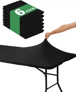 Fitted Tablecloth Rectangle Table Cloths - 6 Pack 6 Foot Elastic Stretch Folding Table Top Cover-Resistant Reusable for Camping Event, Black, 72" L x 30" W