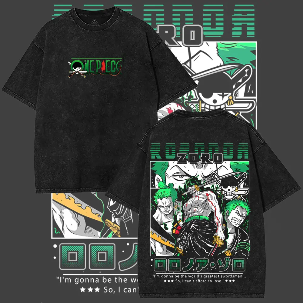 Retro Limited Roronoa Zoro Washed Tee, One Piece Anime Oversized Print Acid Wash Graphic T-Shirt, Y2K Streetwear Gift For Fan Manga Lover Otaku Merch