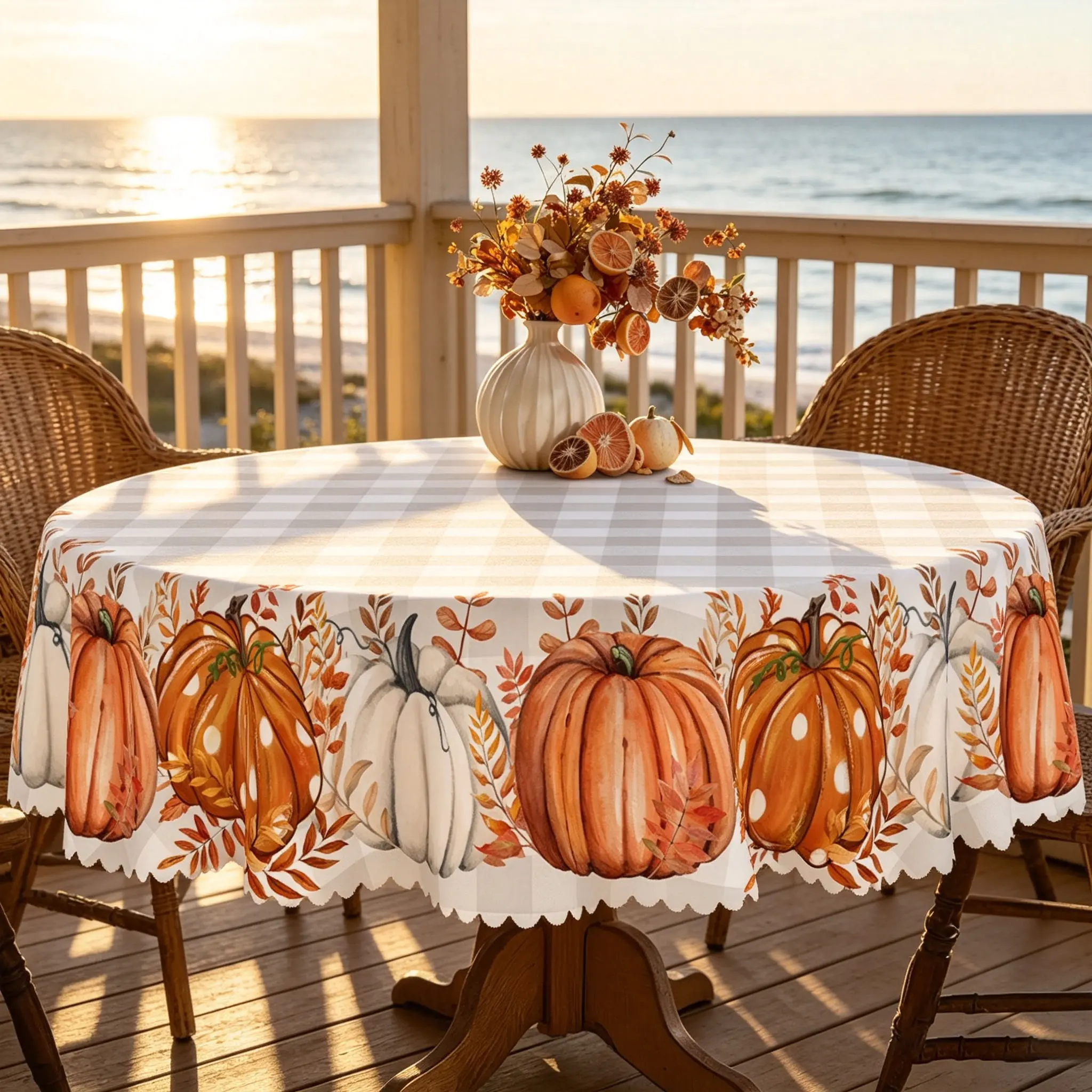 PLUMLIK European Embossed Polyester Farmhouse Tablecloth - Grey Checkered Pumpkin-Patterned Vintage Round/Rectangle Cover, Multi-Size Including 60x86 inches, Machine-Embossed Edges, Thanksgiving Decor, Thoughtful Housewarming Gift Idea