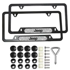 Premium Carbon Fiber License Plate Frame 2 Pack Compatible with Jeep Cars (Customize Your Own Logo) Durable Rustproof Aluminum Alloy Mount Unisex With Screws & Diamond Logo Signs