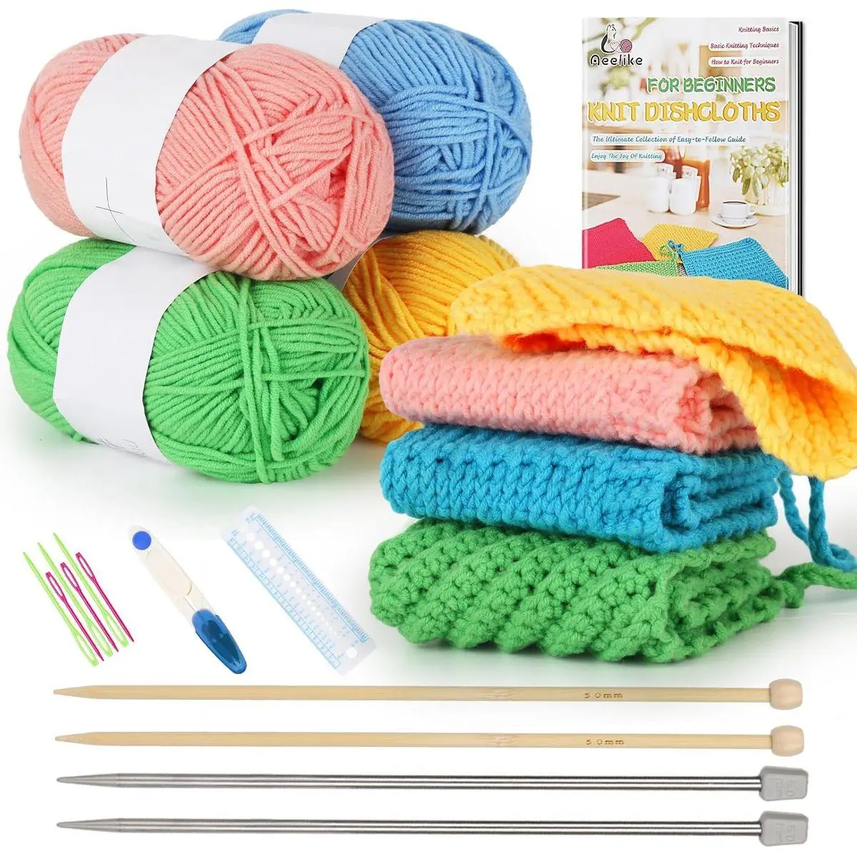 Knitting Kit for Beginners, Complete Beginner Crochet Kit Easy Including Knitting Needles Set Cotton Yarn, Learn to Knit Dishcloth with Step-by-Step Instructions, Colorful