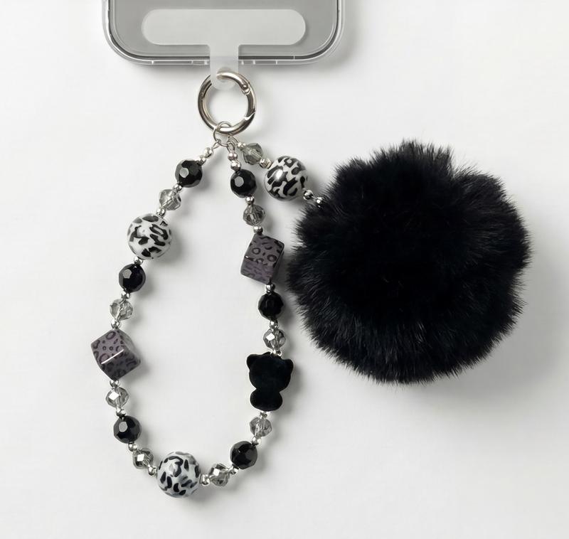 Minimalist Phone Charm Strap with Beads & Plush Pom – Cute Wrist Lanyard Keychain for Phone Case, Stylish Daily Accessory