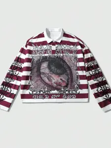 1pc Men's Y2K Grunge Striped Long Sleeve Polo Shirt Graphic Eye Print Oversized Rugged Streetwear Top Retro Cyber Gothic Pullover for Men