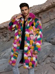 Men's Colorblock Fox Fur Faux Leather Coat, Autumn Winter Long Thick Warm Outerwear, Casual Trendy Commute Party Versatile Jacket