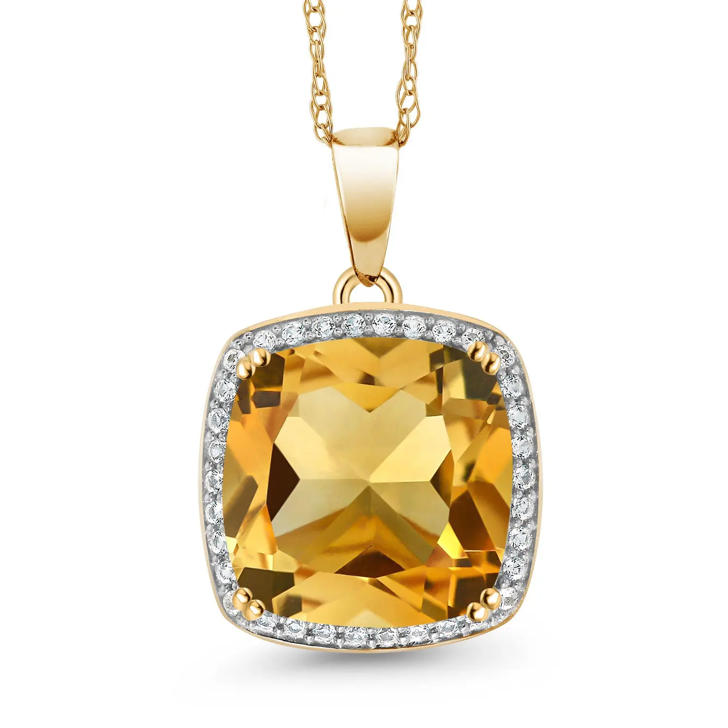 Solid 10K Yellow Gold 12MM Cushion Cut Gemstone Birthstone and White Created Sapphire Halo Pendant Necklace | Gold Necklace For Women | With 18 Inch Gold Chain