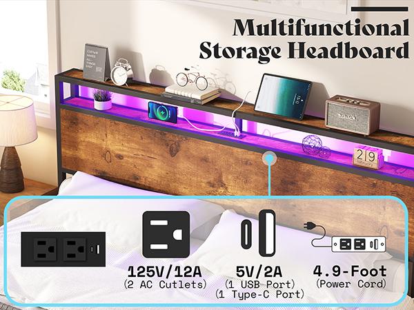 AMERLIFE Floating Bed Frame with 2-Tier Storage Headboard, Metal Bed Frame with Charging Station & LED Lights, No Box Spring Needed