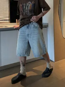 Men's Casual Loose Wide Leg Denim Shorts, All Seasons Street Style, Pure Color Pocket Design, Versatile Straight Fit Jeans, Streetwear