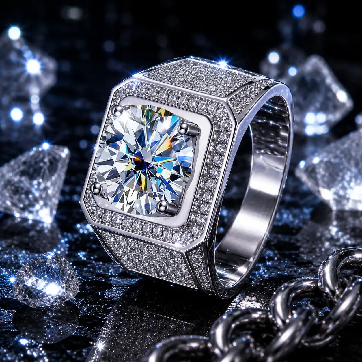 New Arrival Bling Iced Out Square moiss and Zircon Men Ring Luxury Hip Hop Men’s Jewelry Gift-F1